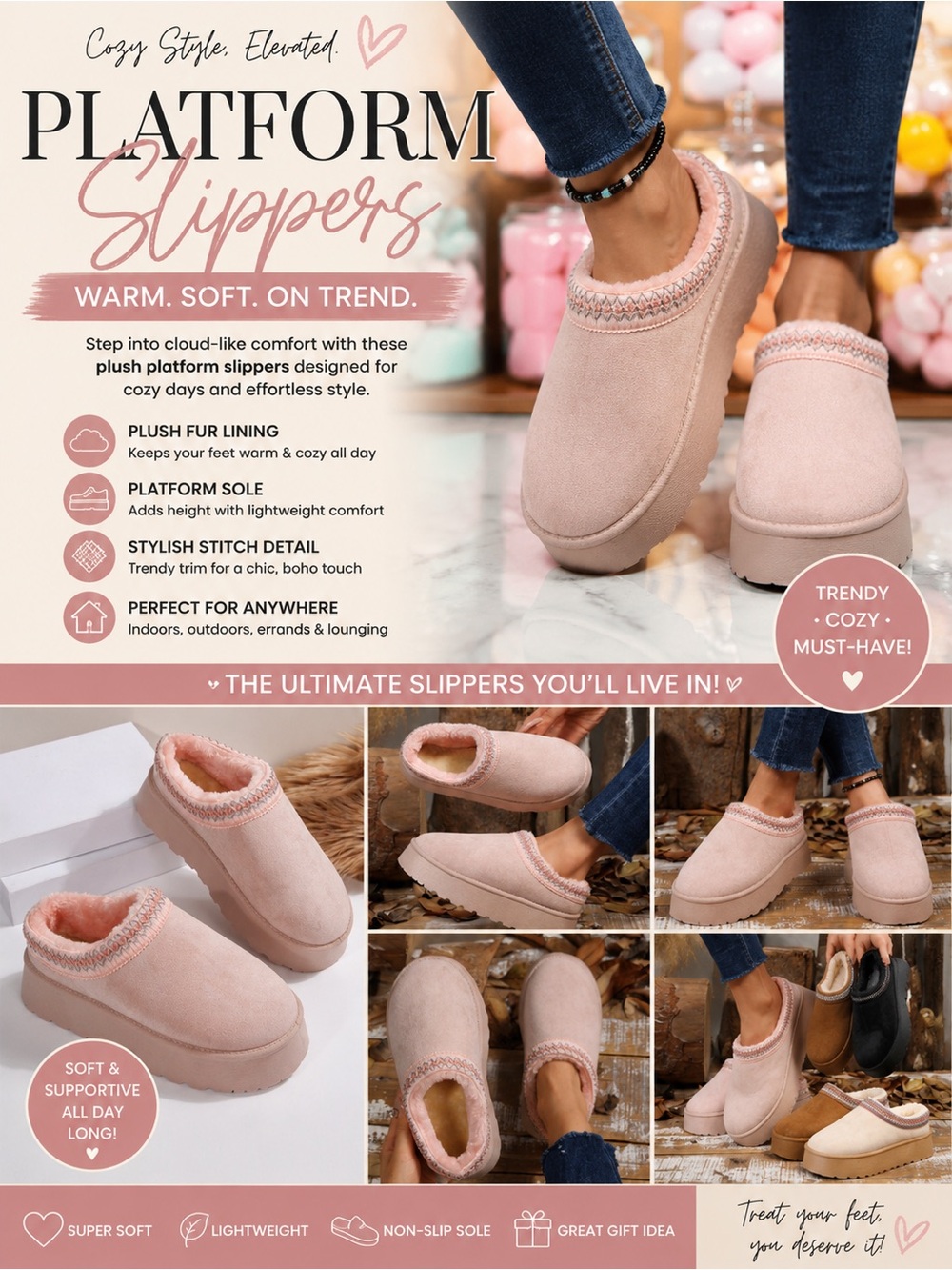 Vici Plush Platform Slippers - Light Pink